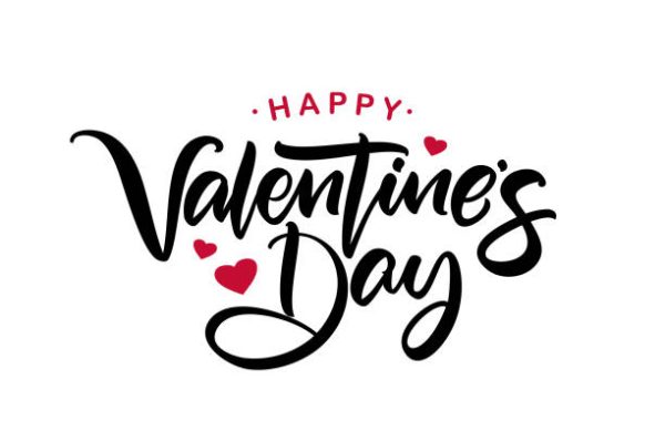Vector illustration: Happy Valentines Day. Handwritten calligraphic lettering with red hearts.