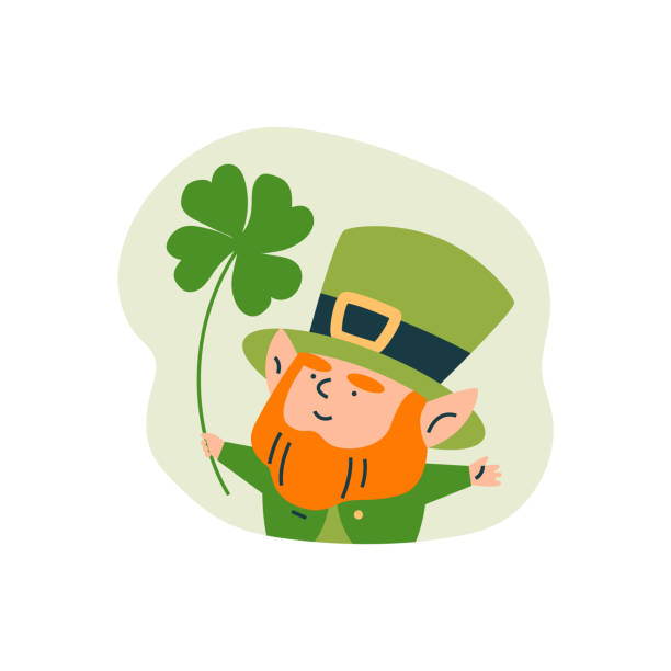Vector St. Patrick's Day sticker with an image of a bearded leprechaun in a green hat and a clover leaf. Irish folk character in flat style on isolated background.